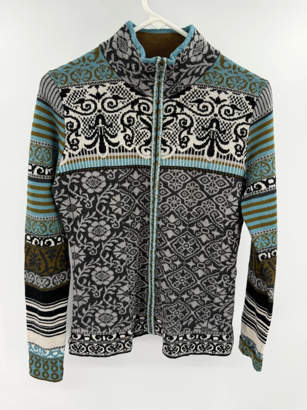 Icelandic Design Nordic Patterned Full‑Zip Sweater Jacket Wool Black White Blue